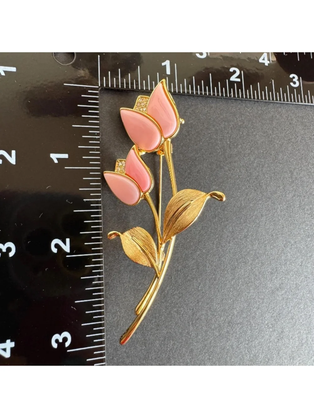 Pink Tulip Brooch Gold Tone Floral Pin Brushed Metal Leaves Romantic Gift